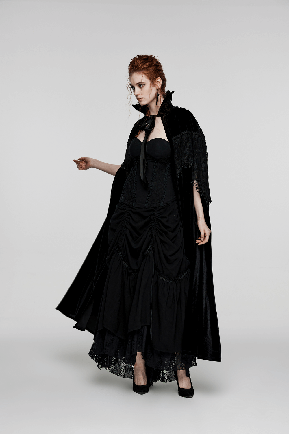 Elegant velvet gothic cloak with lace details, perfect for daily wear and dramatic flair.