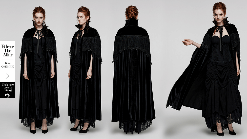 Elegant velvet gothic cloak with lace details, featuring a bat neck and stunning spikes on the collar.