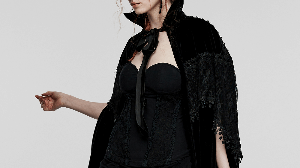 Elegant velvet gothic cloak with lace details and bat neck design, exuding dark allure and sophistication.