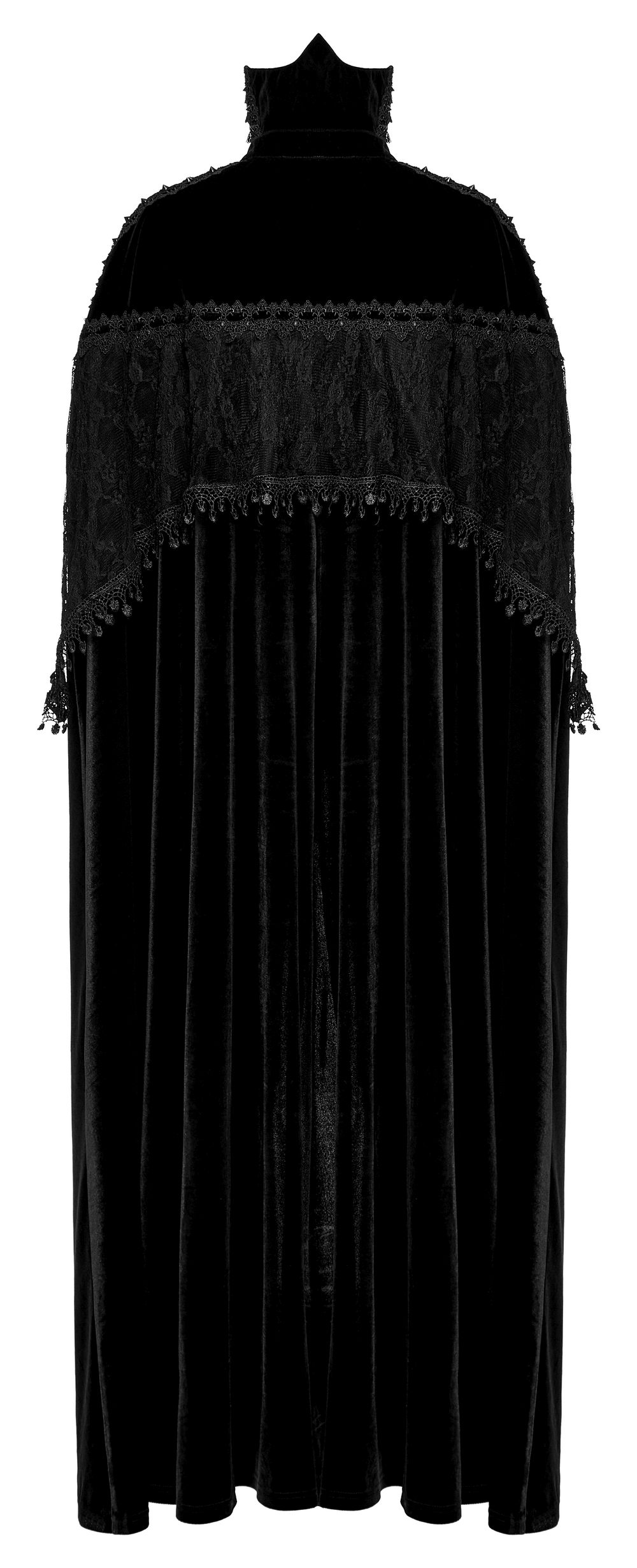 Elegant black velvet gothic cloak with lace details and spikes, perfect for daily wear.