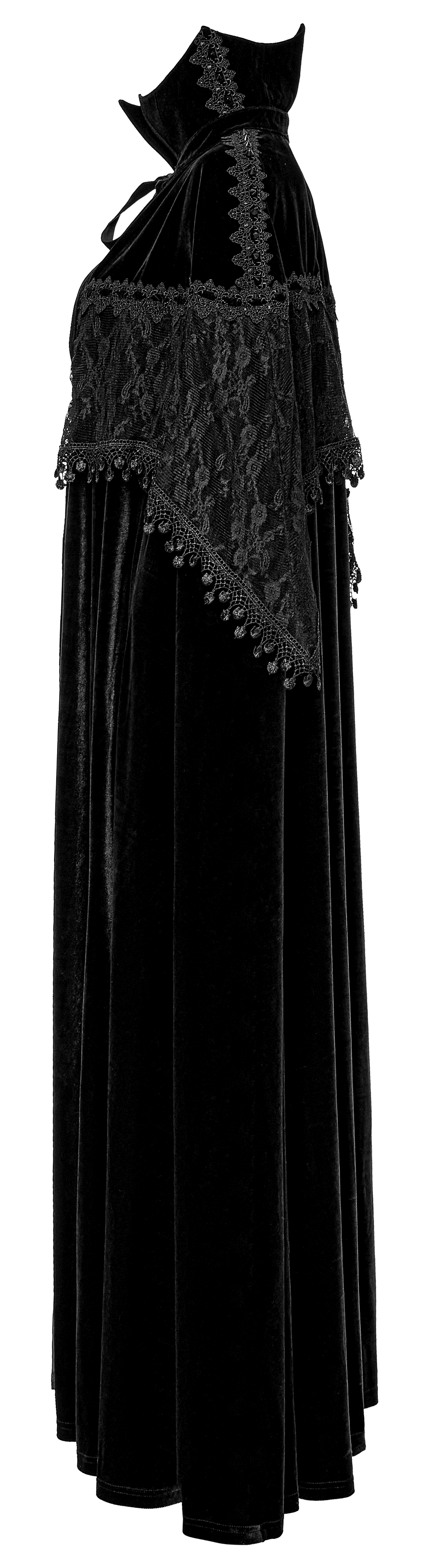 Elegant black velvet Gothic cloak with lace details, featuring a bat neck and luxurious silhouette.