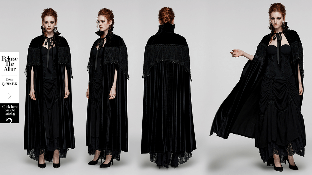 Elegant Velvet Gothic Daily Cloak with Lace Details - HARD'N'HEAVY