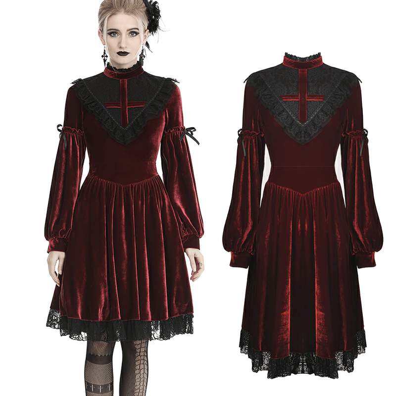 Elegant red velvet Gothic dress with lace detail and Victorian cross design, perfect for a romantic night out.