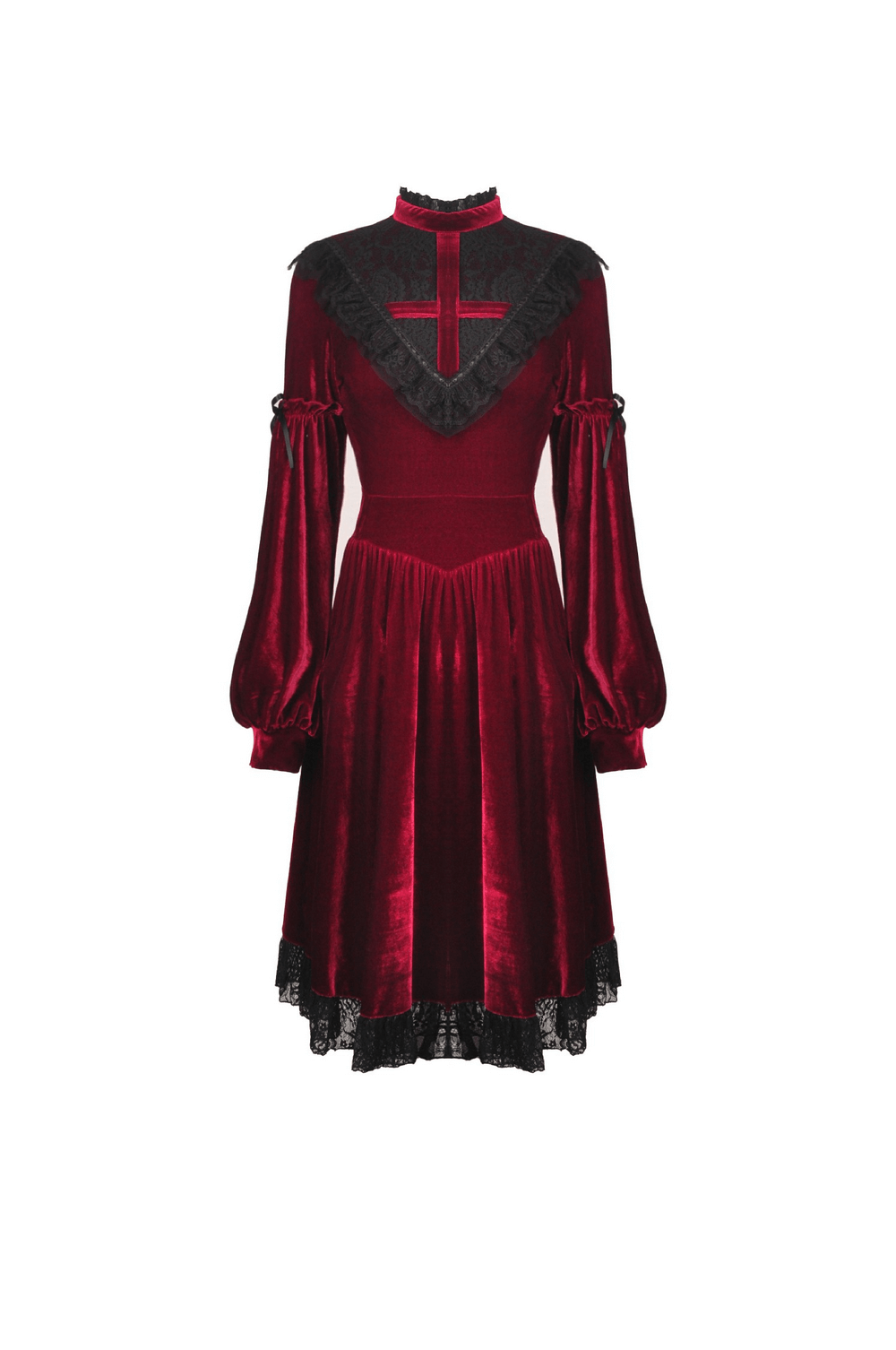 Elegant red velvet Gothic dress with lace detail and cross design, perfect for a Victorian-inspired look.