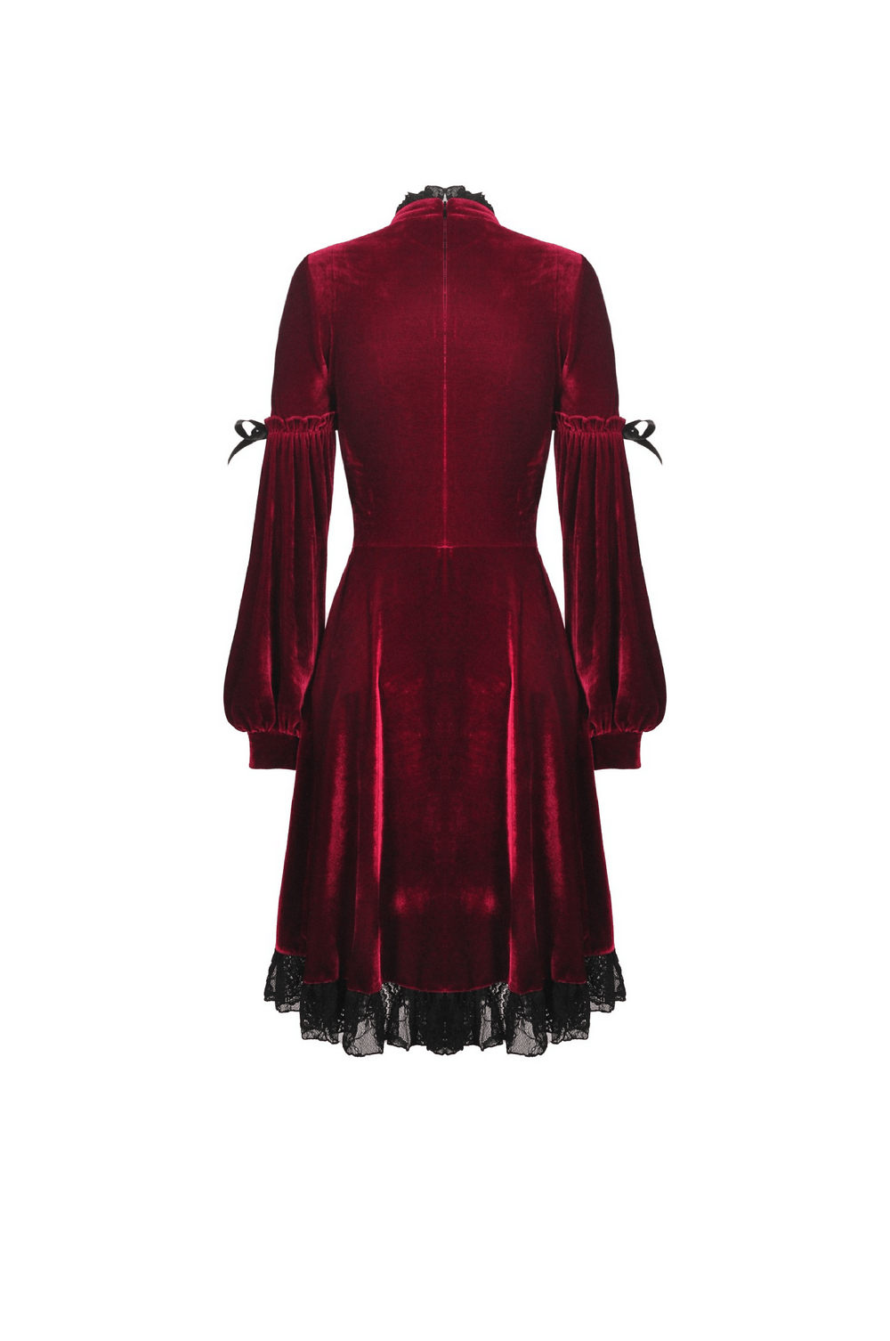 Back view of an elegant red velvet Gothic dress with lace trim and puffed sleeves for a Victorian-inspired look.