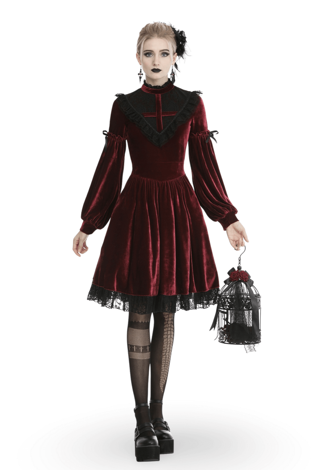 Elegant red velvet Gothic dress with lace detail, perfect for Halloween or a romantic night out.