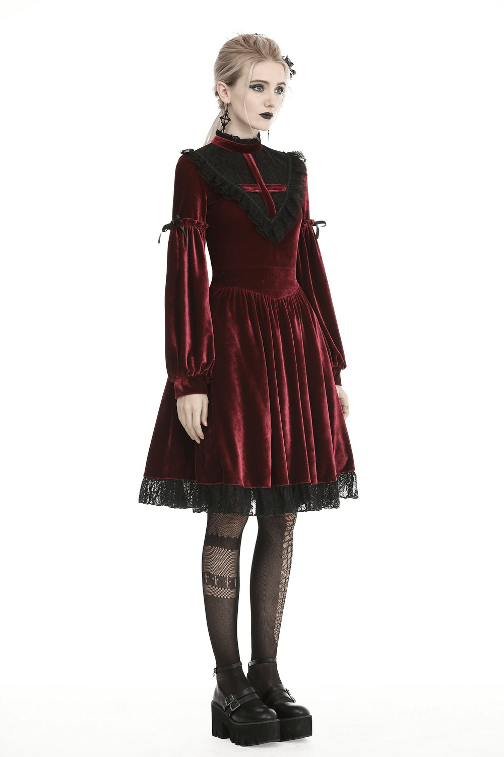 Elegant red velvet Gothic dress with lace detail, perfect for Victorian-inspired outfits and Halloween parties.