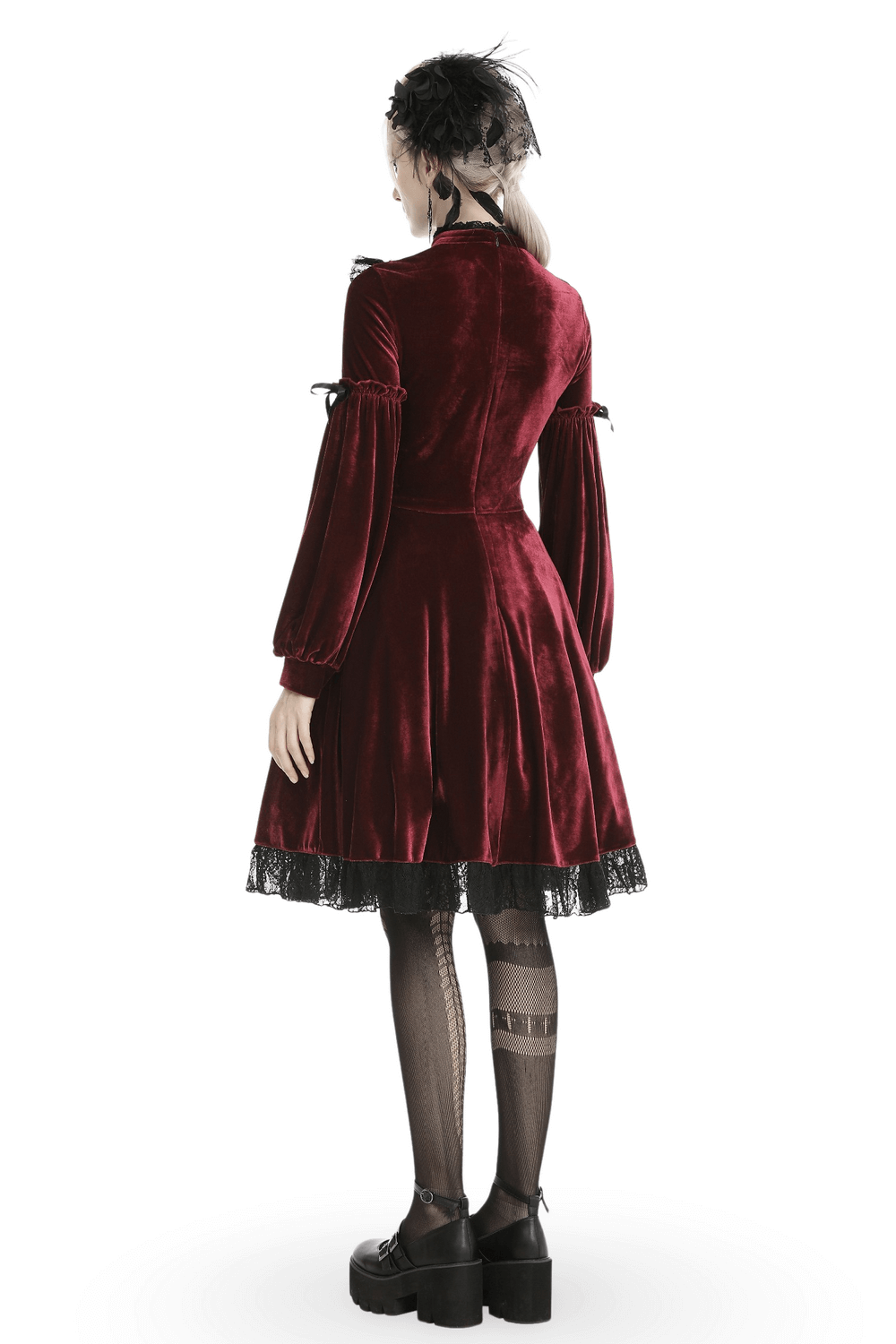 Elegant red velvet Gothic dress with lace detail, perfect for a Victorian-inspired look and dramatic flair.