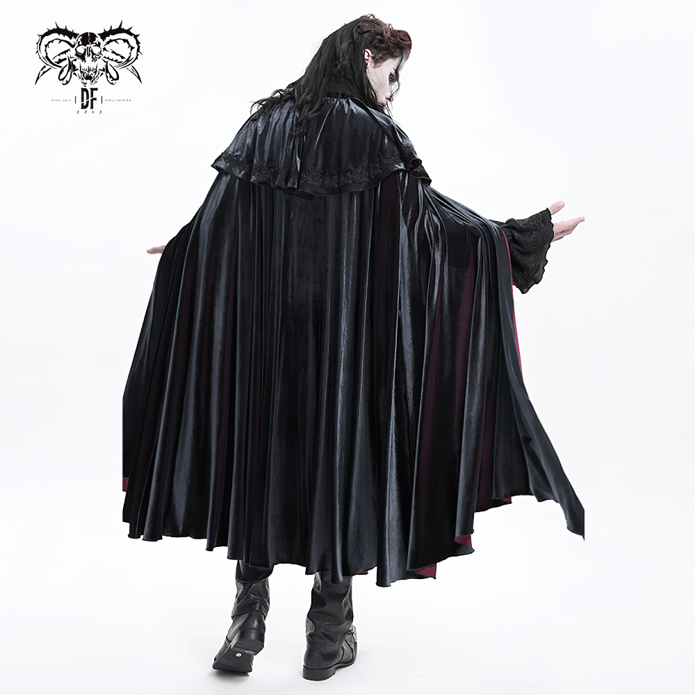 Elegant velvet gothic vampire cape with lace detailing, showcasing flowing silhouette and dramatic design for stylish looks.