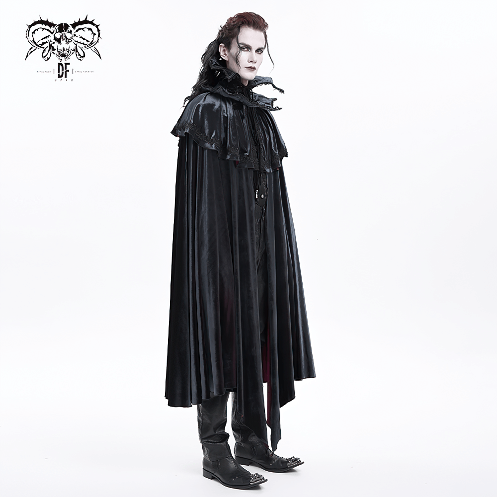 Elegant velvet gothic vampire cape with lace detailing, showcasing a dramatic silhouette in dark fashion.