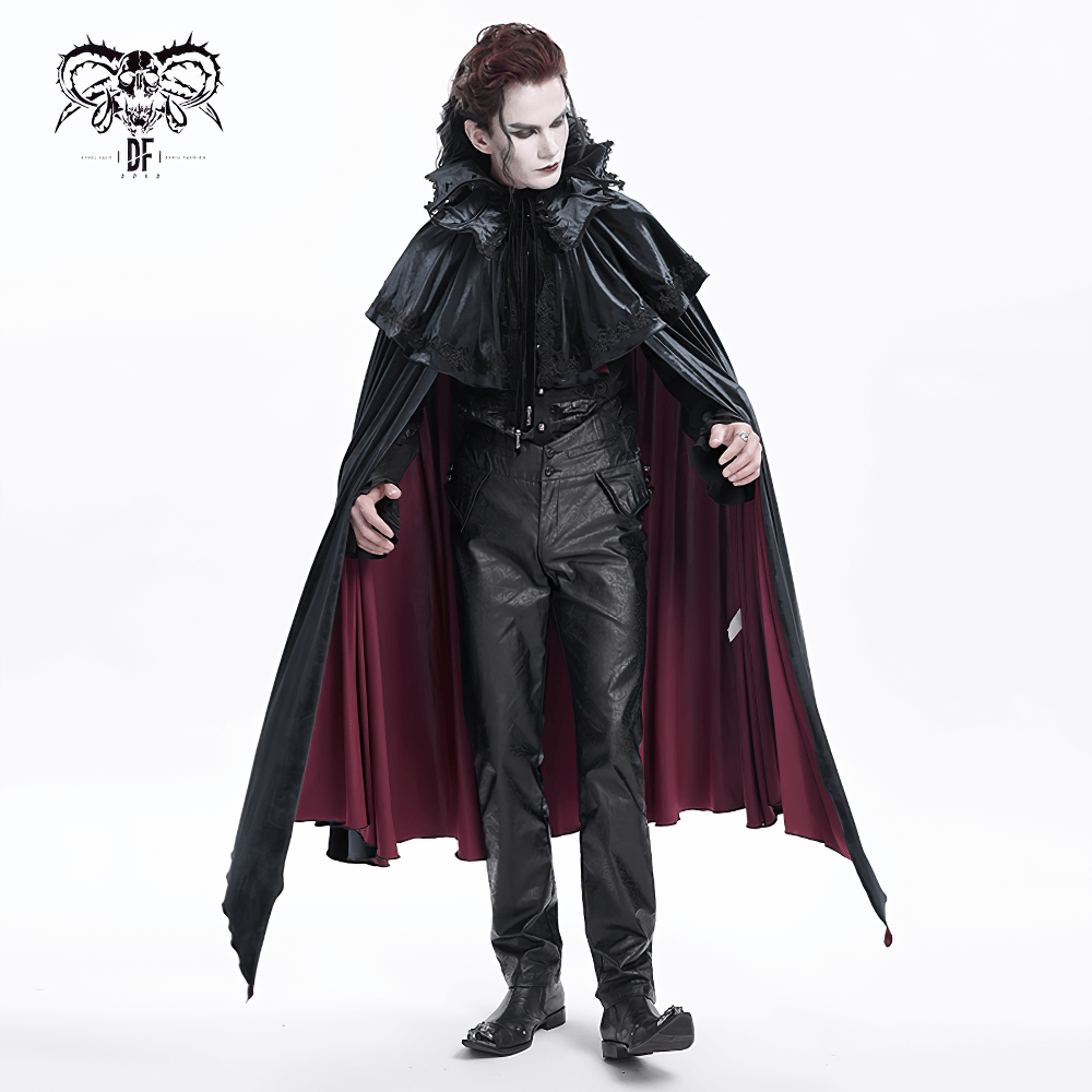 Elegant velvet gothic vampire cape with lace detailing, showcasing a dramatic silhouette and rich color contrast.