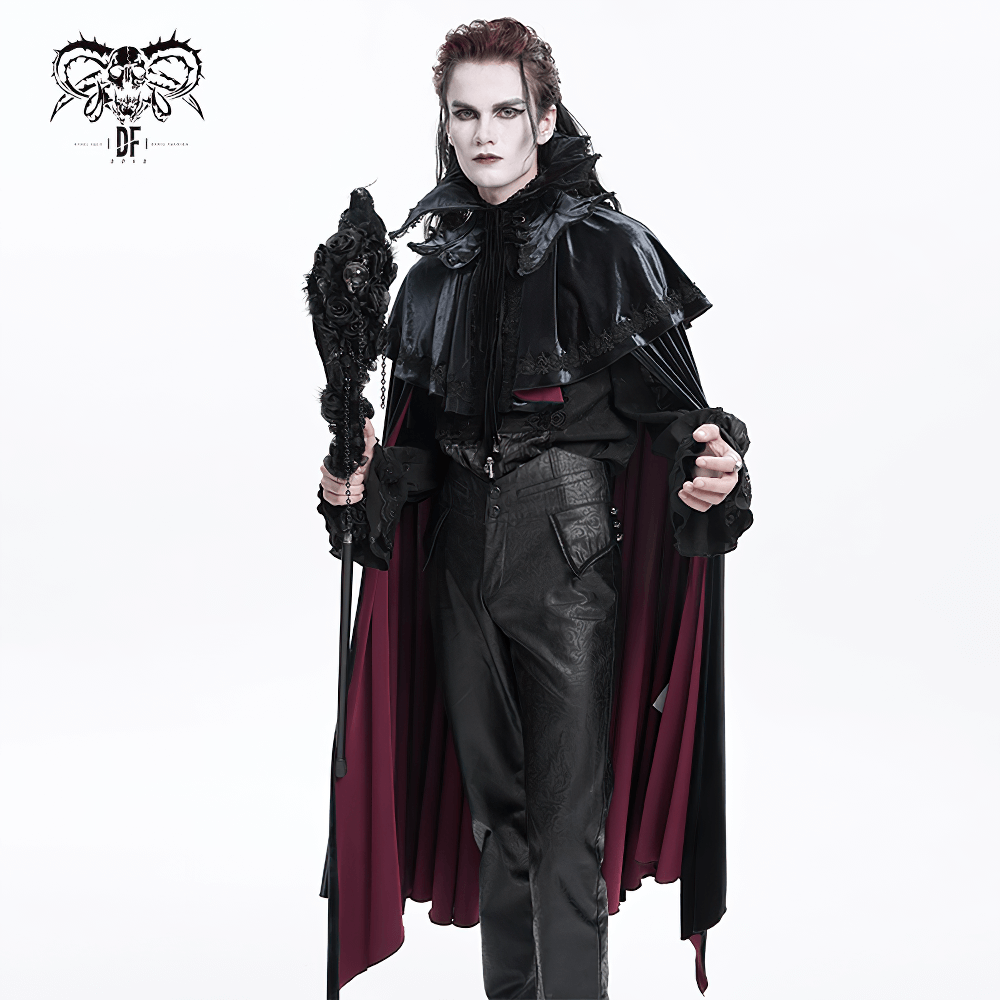 Elegant velvet gothic vampire cape with lace detailing, showcasing a dramatic silhouette and dark, stylish flair.