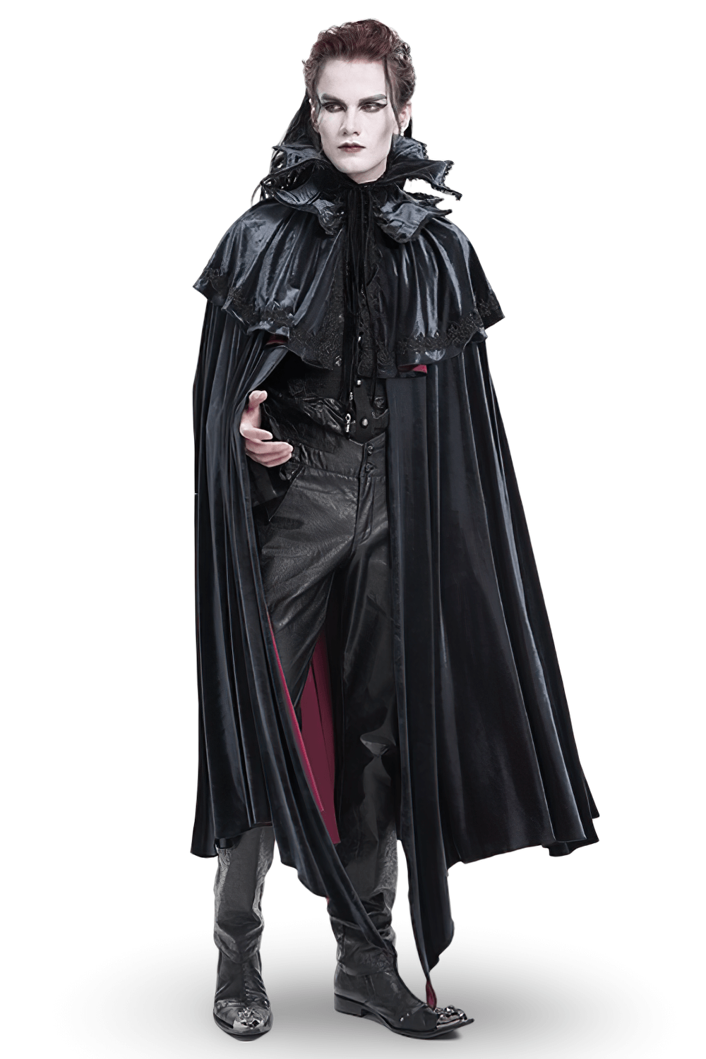 Elegant velvet gothic cape with lace detailing, perfect for vampiric costumes and dark fashion ensembles.