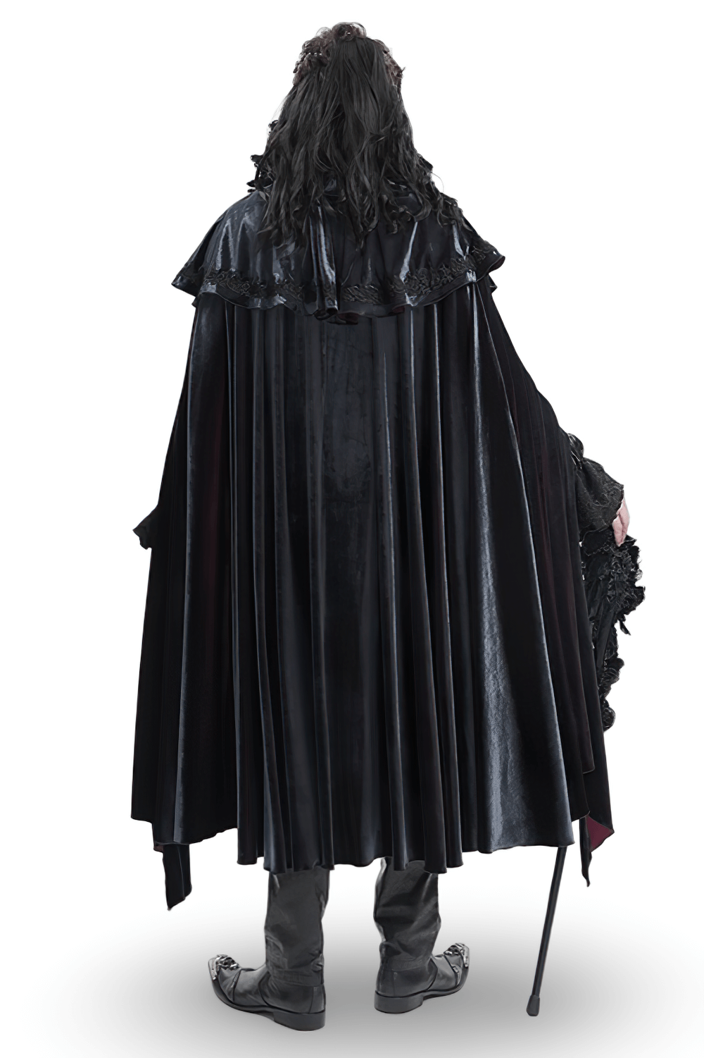 Elegant velvet gothic vampire cape with intricate lace detailing, showcasing a dramatic silhouette and flowing design.