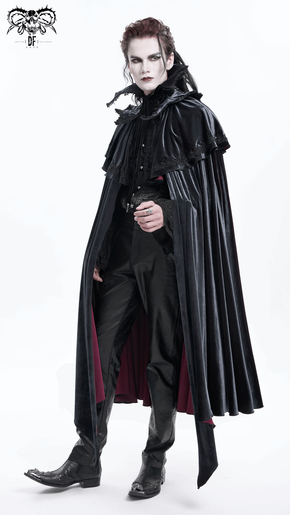 Elegant velvet gothic vampire cape with lace detailing, perfect for dramatic costumes and gothic fashion.