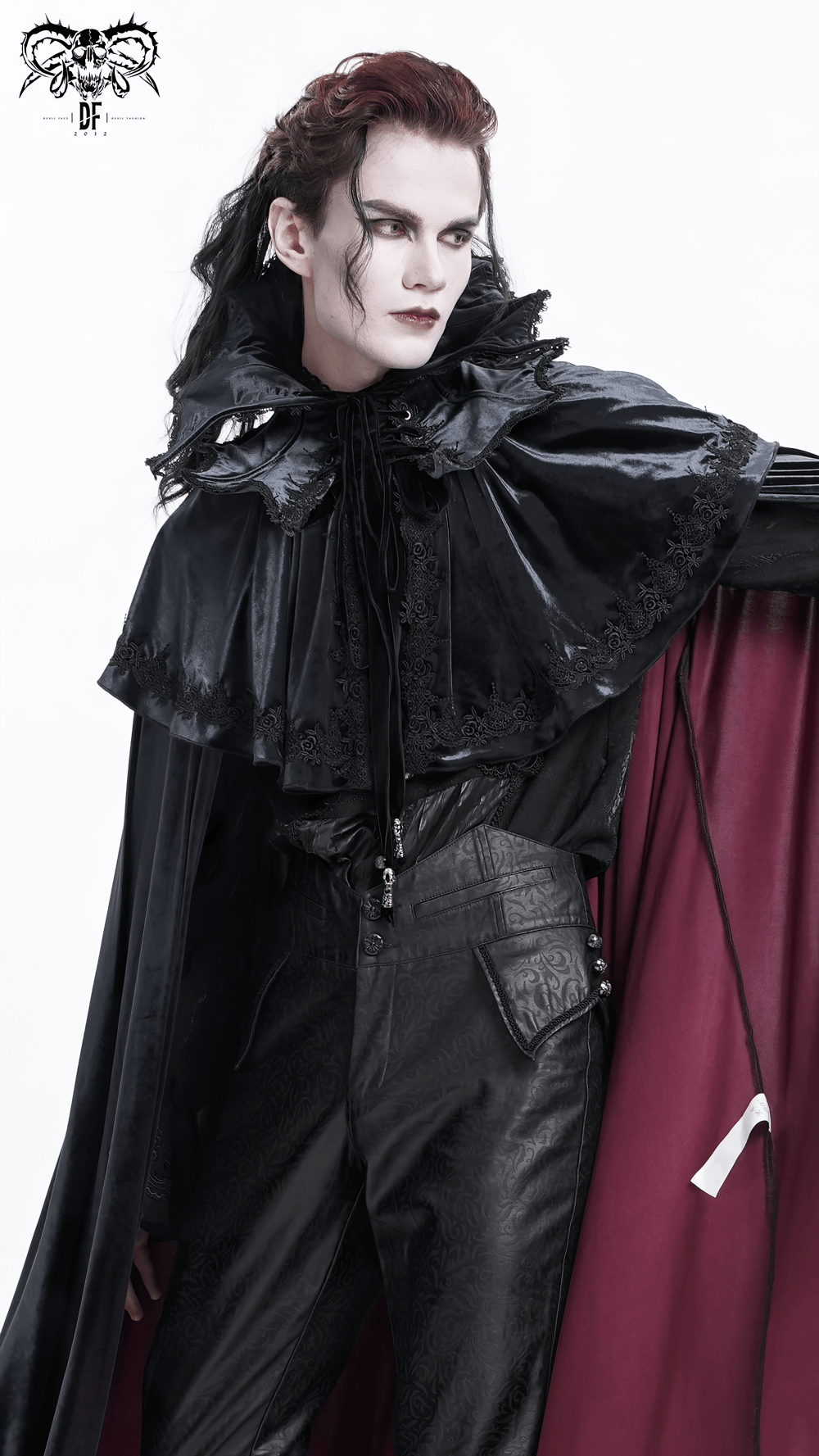 Elegant velvet gothic vampire cape with lace detailing, showcasing a dramatic silhouette and stylish dark fashion.