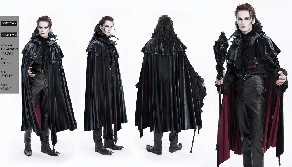 Elegant velvet gothic vampire cape with lace detailing showcased on model, capturing dramatic silhouette and gothic style.