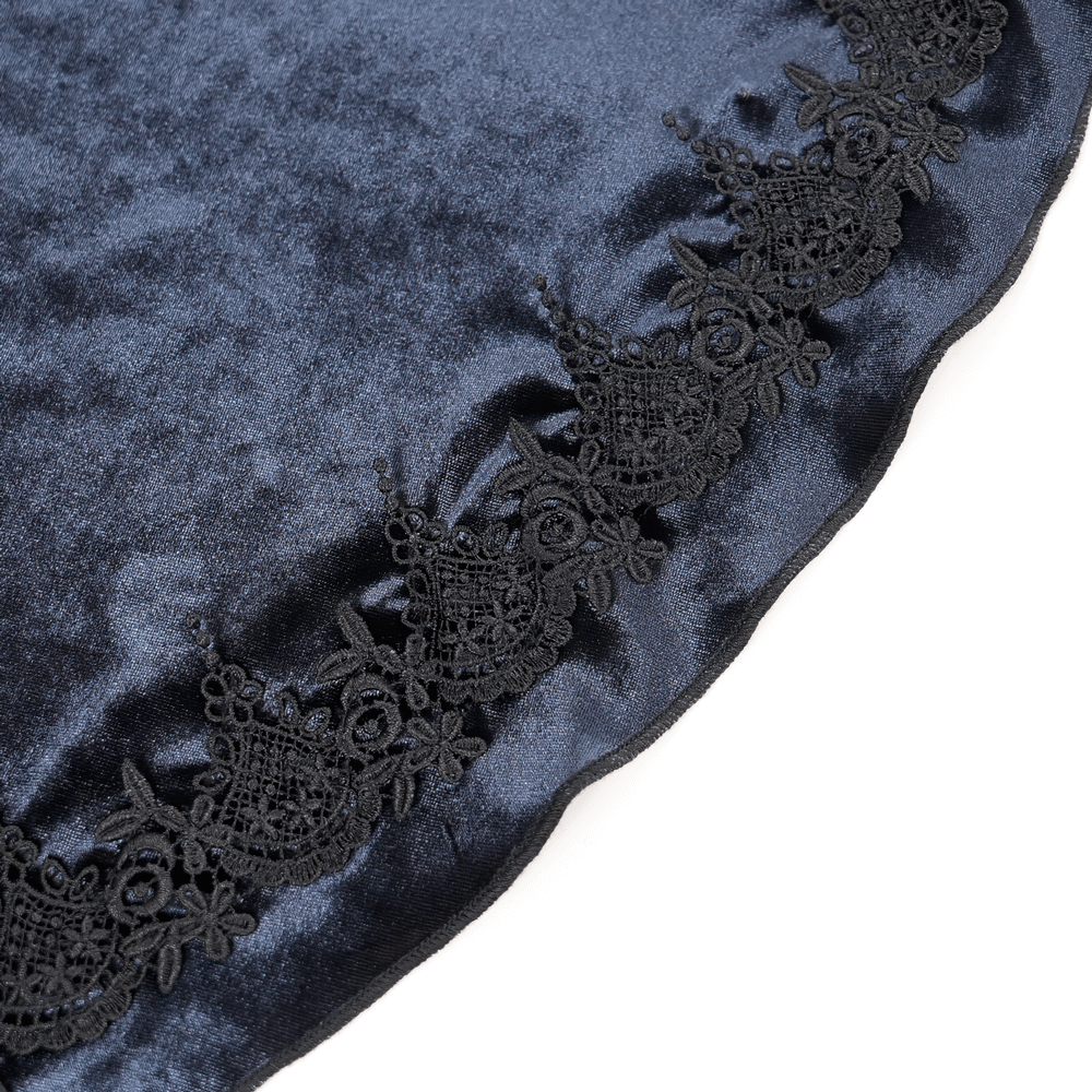 Elegant velvet fabric featuring intricate black lace detailing on the edge, perfect for a gothic vampire cape.