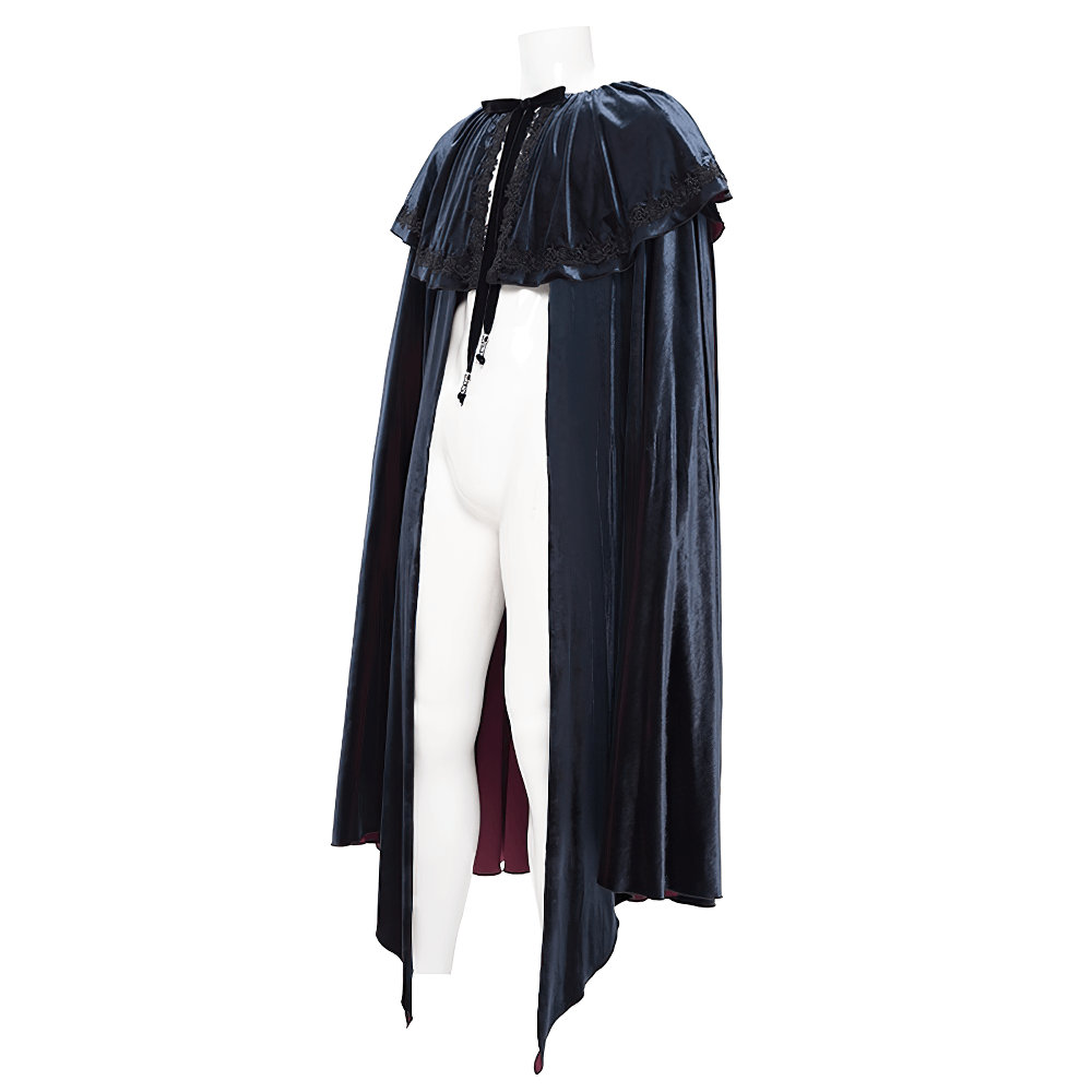 Elegant velvet goth vampire cape with lace detailing on a mannequin, showcasing dark and dramatic fashion style.