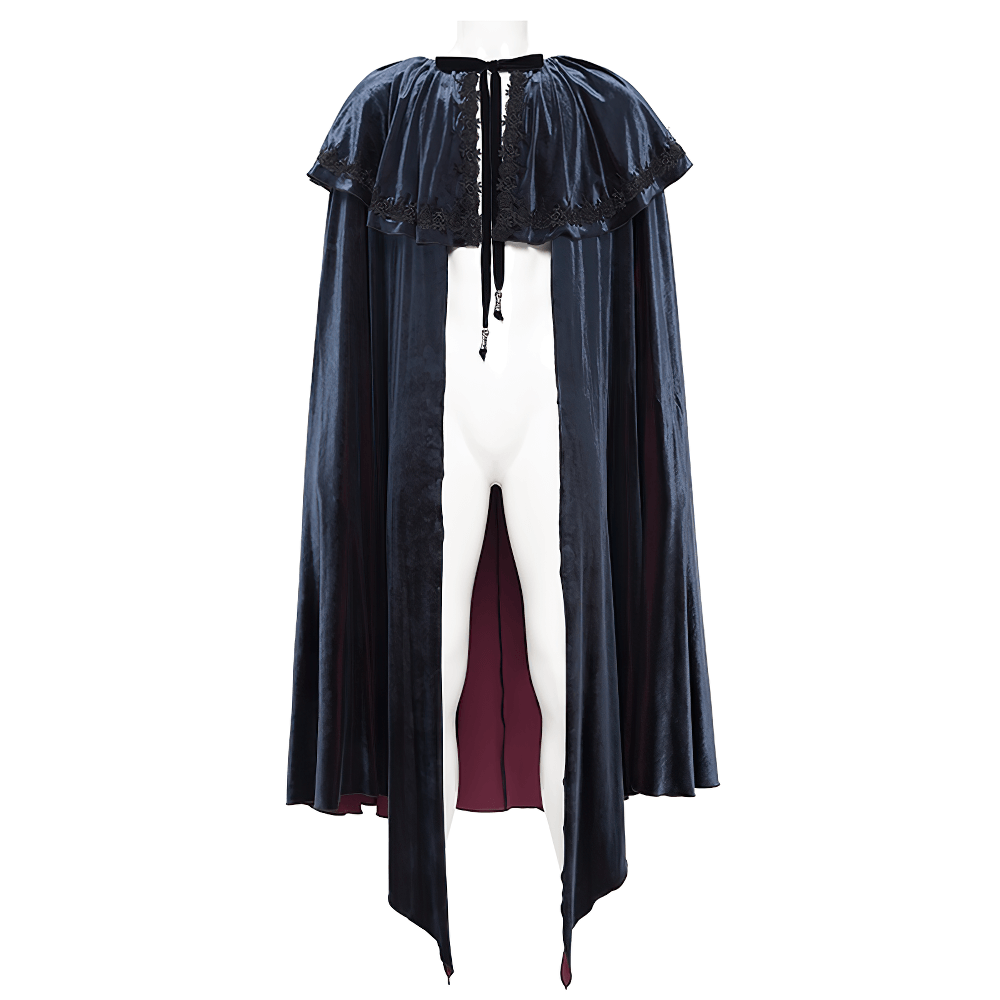 Elegant velvet gothic vampire cape with lace detailing, perfect for a dark, stylish look and dramatic flair.