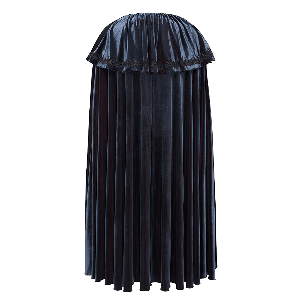 Elegant velvet gothic vampire cape with lace detailing, perfect for a dramatic, stylish wardrobe addition.