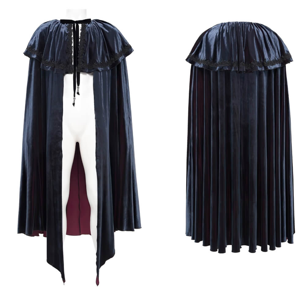 Elegant velvet gothic vampire cape with lace detailing, showcasing a dramatic silhouette and soft flowing design.