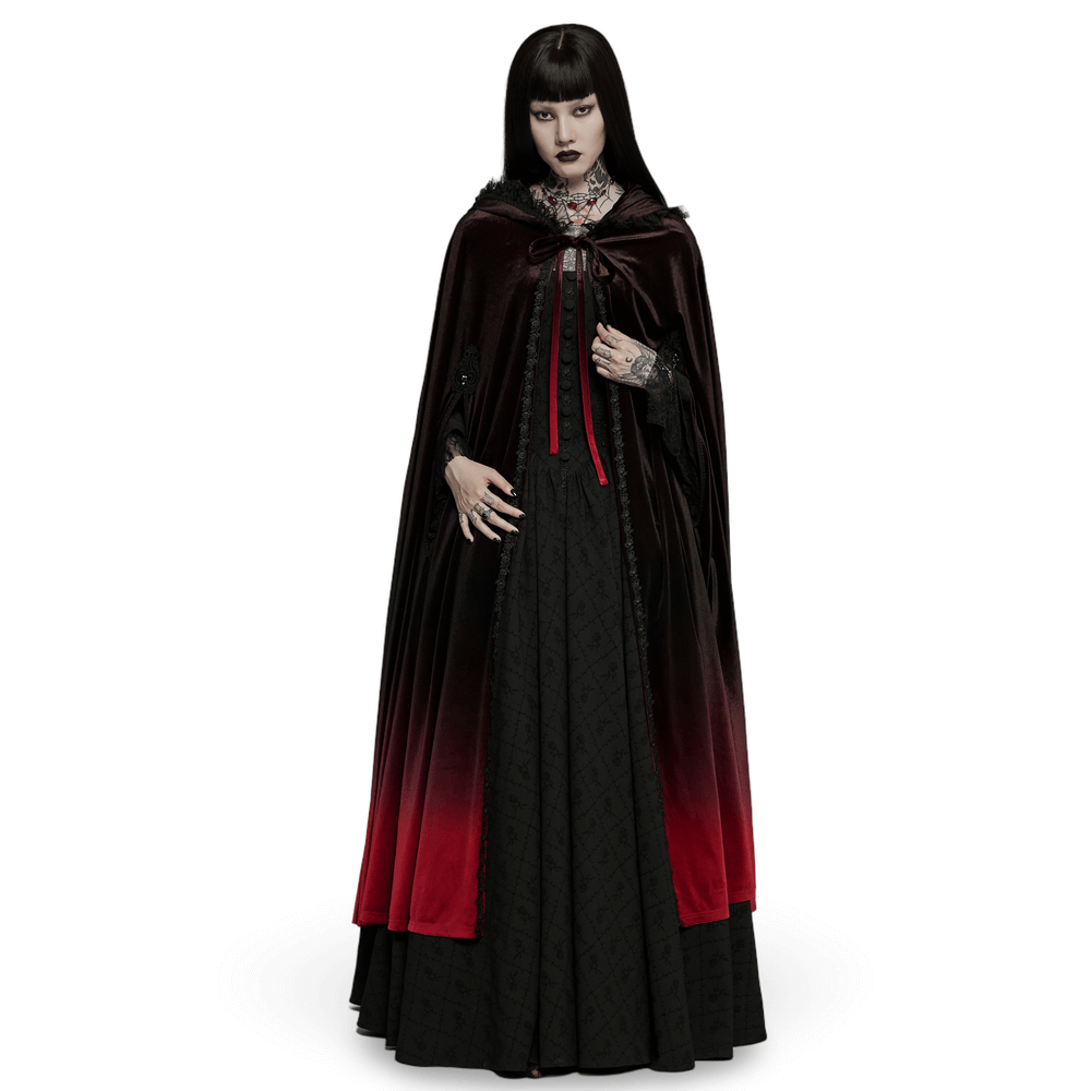 Elegant Gothic hooded cloak in deep red and black gradient velvet, showcasing a chic design for a stylish dark look.