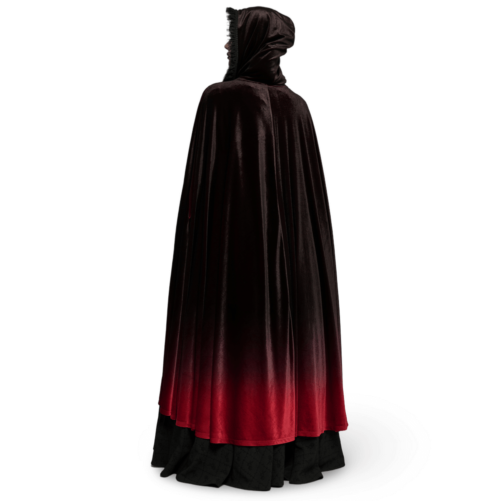 Elegant velvet gradient gothic hooded cloak in rich dark to red hues, perfect for a chic and mysterious look.