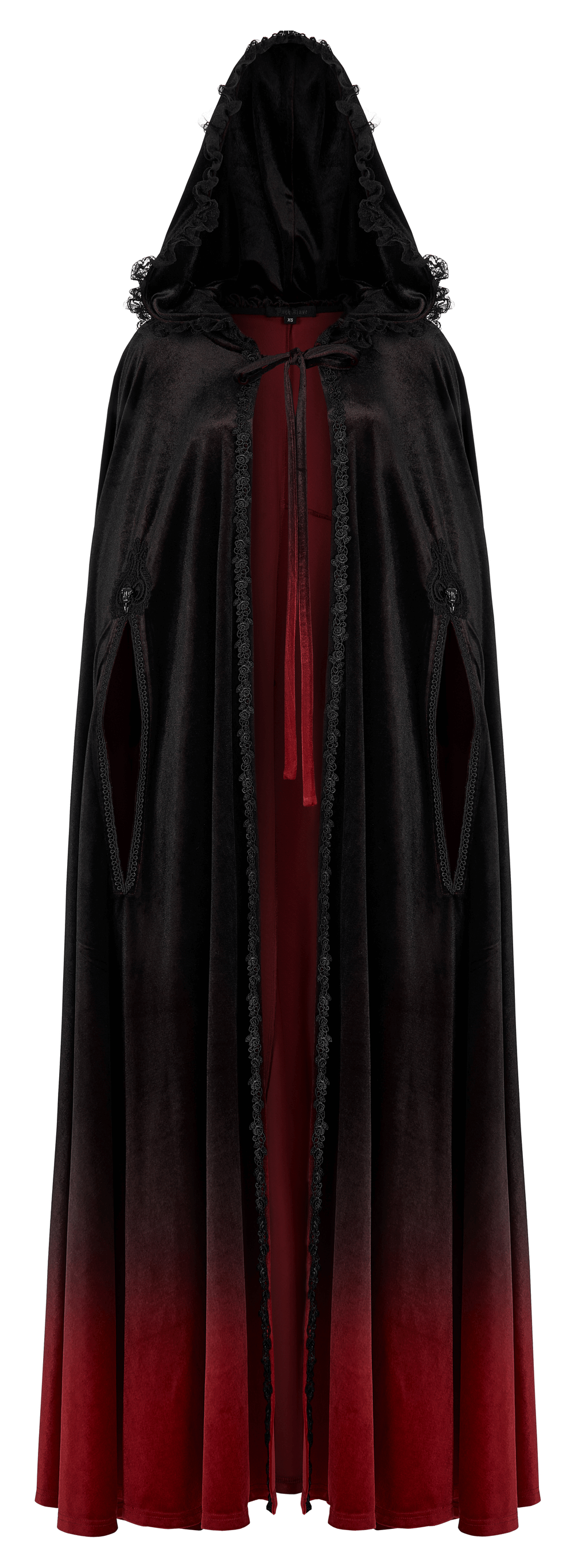 Elegant velvet gradient gothic hooded cloak in black and red, featuring a chic design and easy-to-tie neck string.