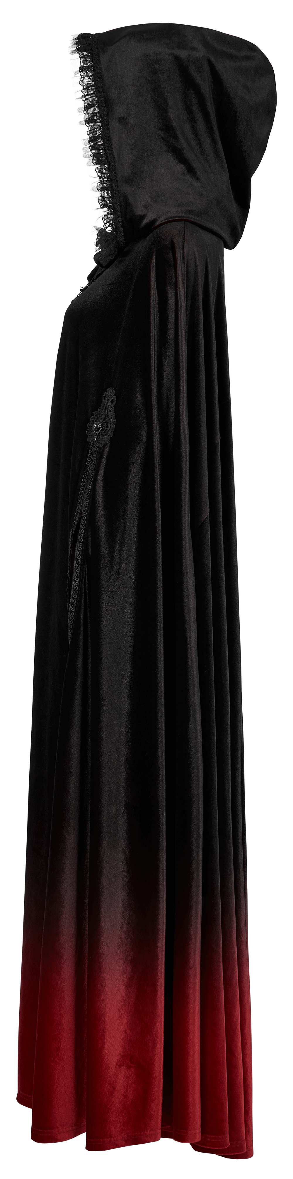 Elegant velvet gradient Gothic hooded cloak in black and red, showcasing stunning color transition and luxurious design.