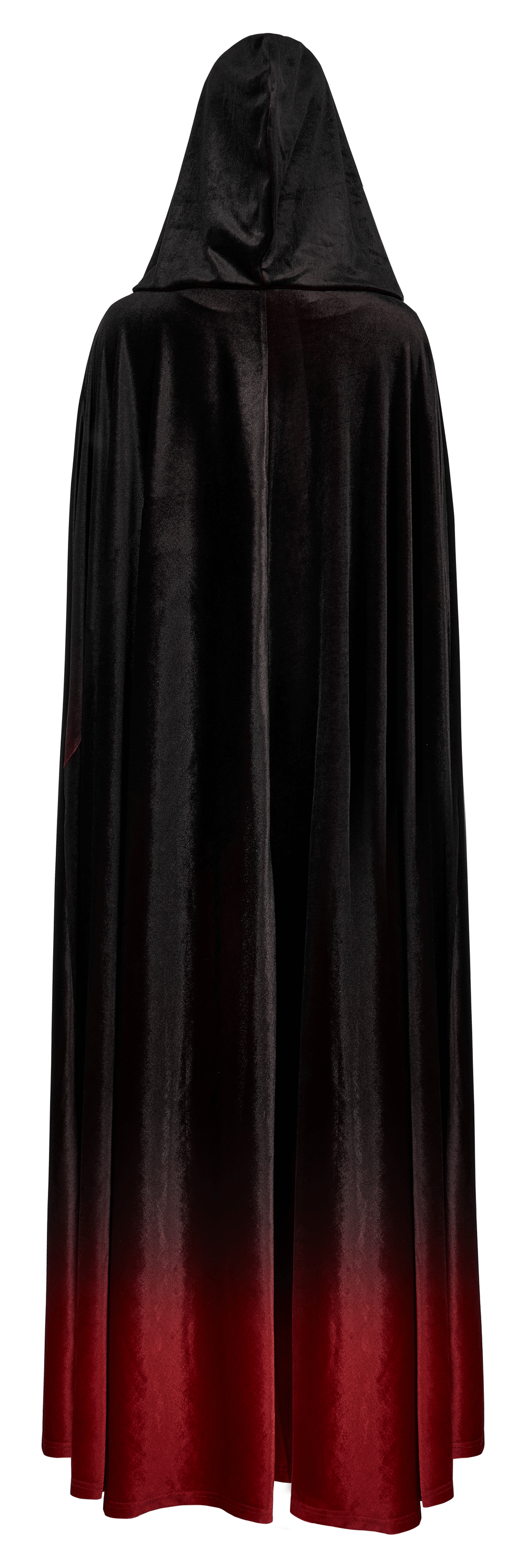 Elegant Gothic hooded cloak with a stunning black to red gradient, made from plush velvet for comfort and style.