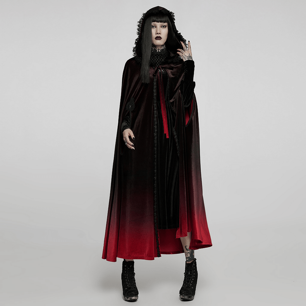 Elegant velvet gradient gothic hooded cloak in deep shadows and red hues, worn stylishly for a dramatic look.