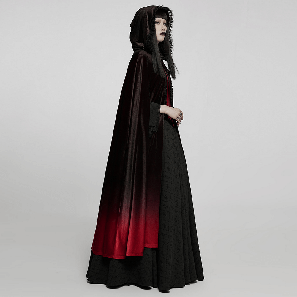 Elegant velvet gradient gothic cloak with hood, showcasing deep shadows to rich hues for a stunning gothic look.