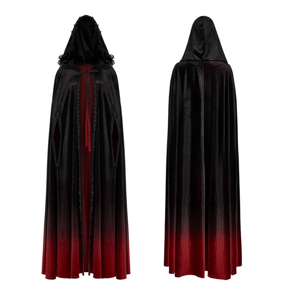 Elegant Gothic velvet cloak with gradient design, featuring hood and easy-to-tie neck string, perfect for stylish dark attire.