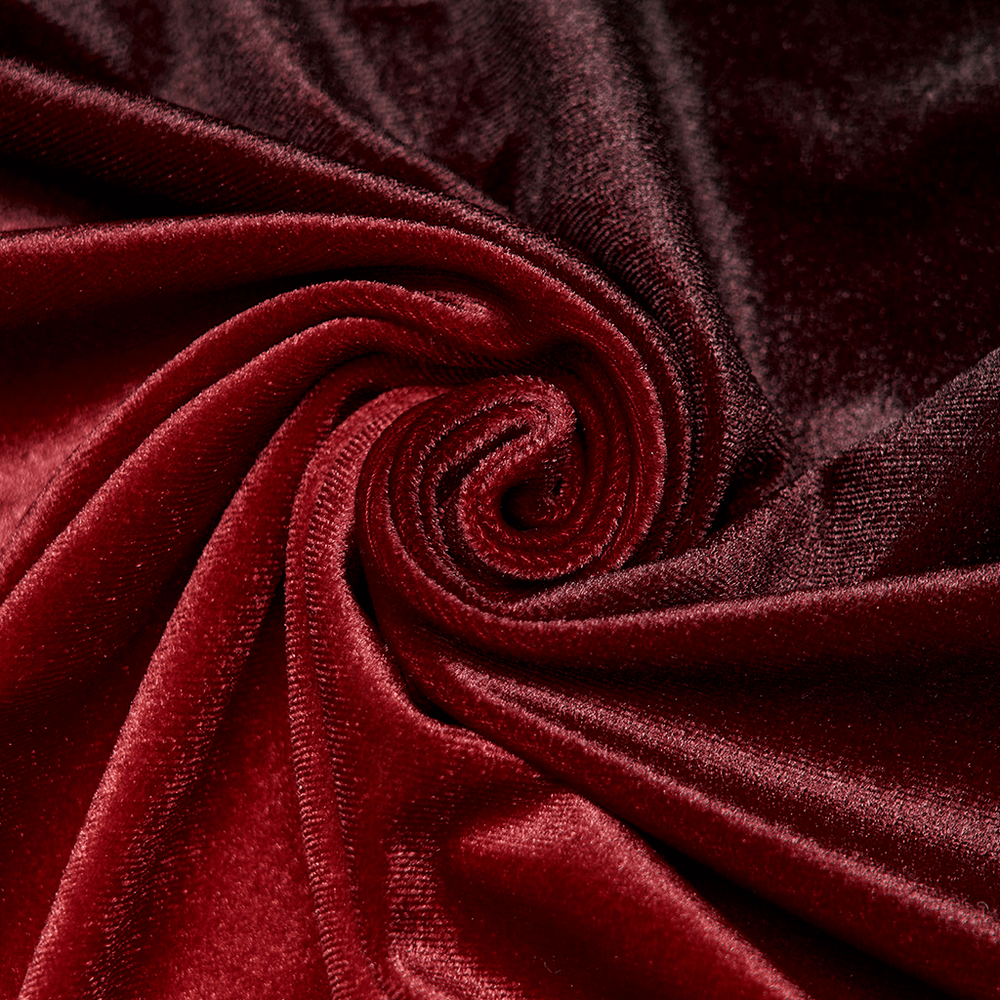 Plush, deep red velvet fabric showing a luxurious spiral texture, perfect for an elegant gothic hooded cloak.