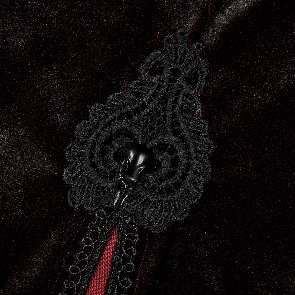 Intricate lace detail and clasp of an Elegant Velvet Gradient Gothic Hooded Cloak, showcasing exquisite craftsmanship.