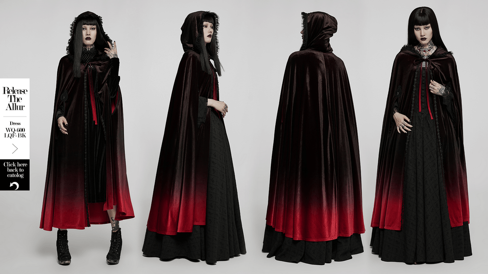 Elegant hooded velvet cloak with a gothic gradient design, featuring deep shadows and rich hues, perfect for chic dark fashion.