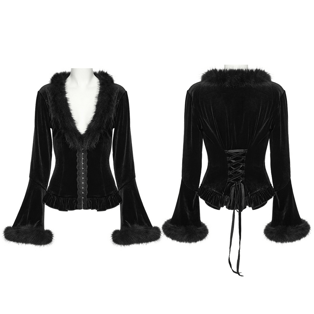 Elegant Velvet Lace-Up Cardigan with Faux Fur Trim - Gothic style cardigan featuring flared sleeves and lace-up back.
