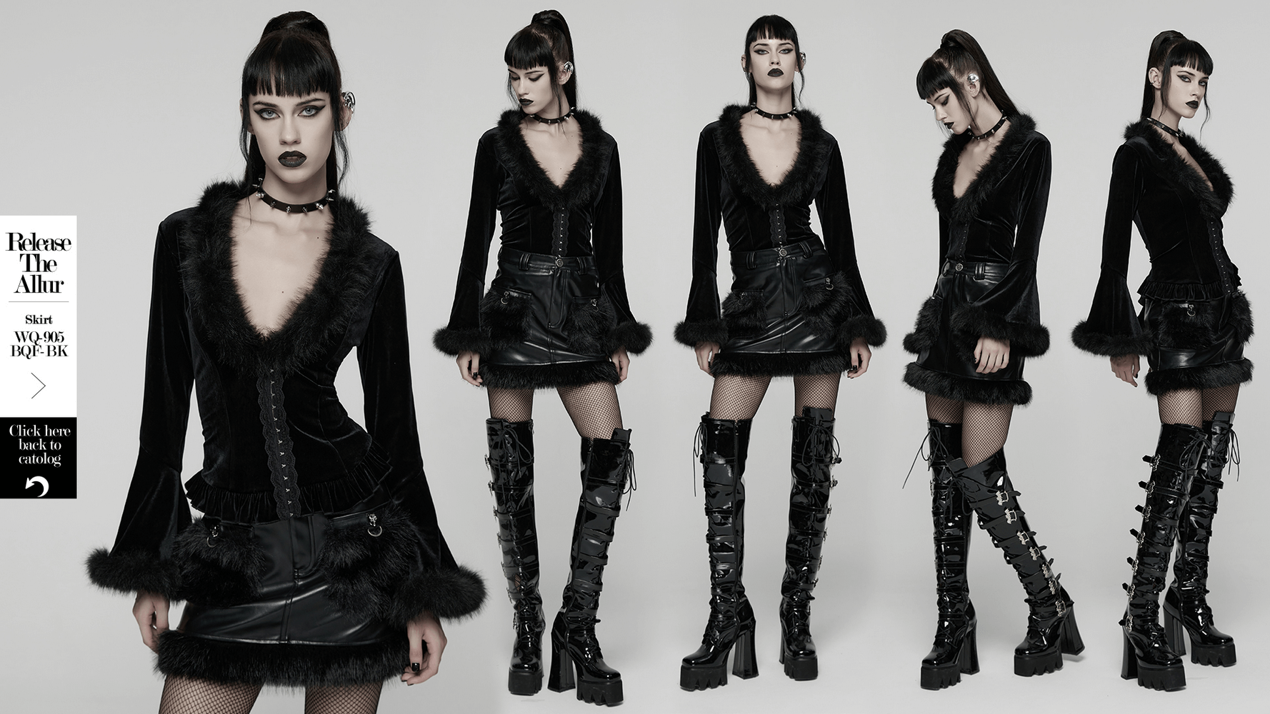 Elegant Velvet Lace-Up Cardigan with Faux Fur Trim worn by a model in goth style, showcasing flared sleeves and a black look.