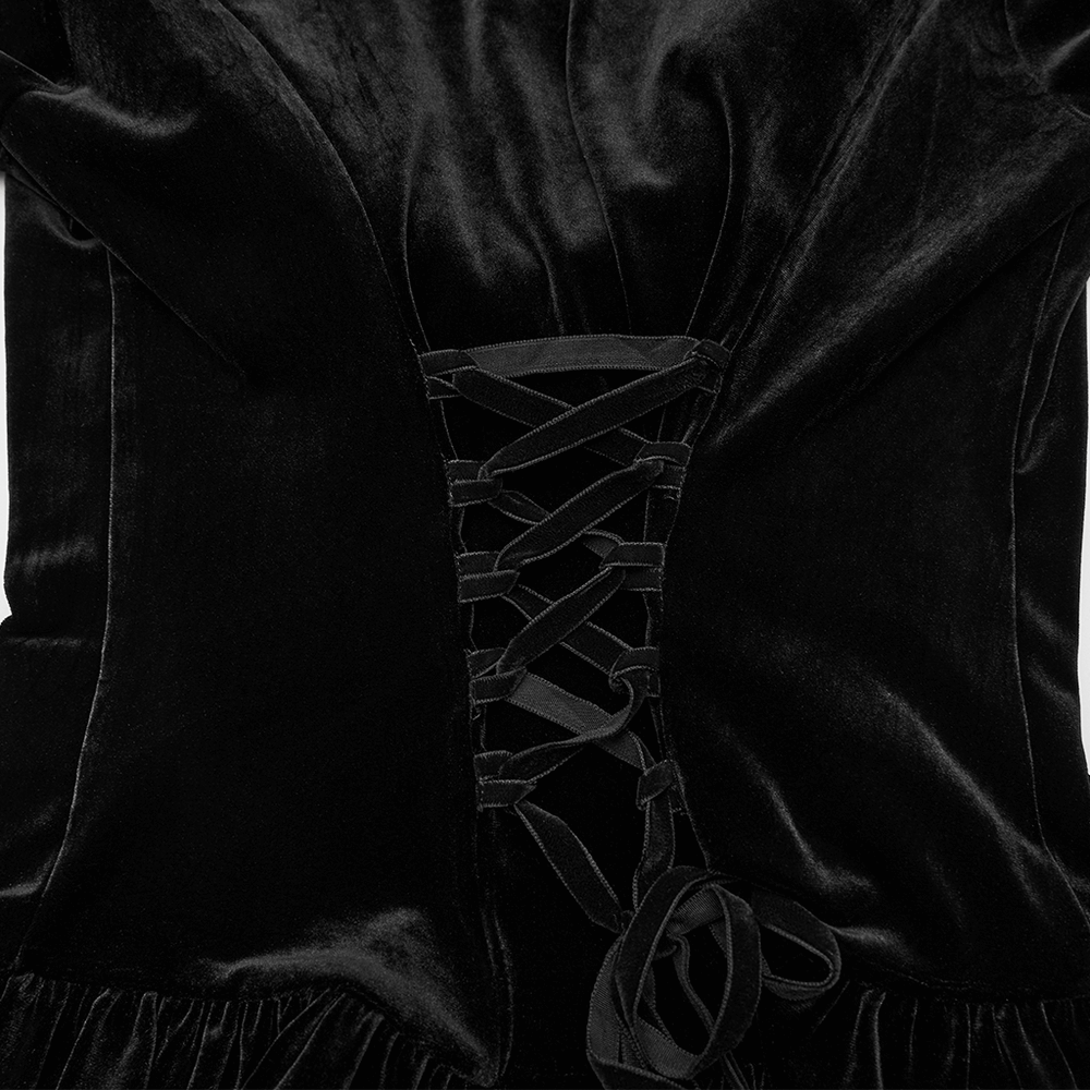 Elegant Velvet Lace-Up Cardigan with Faux Fur Trim lace-up back detail showcasing gothic elegance and romantic style.