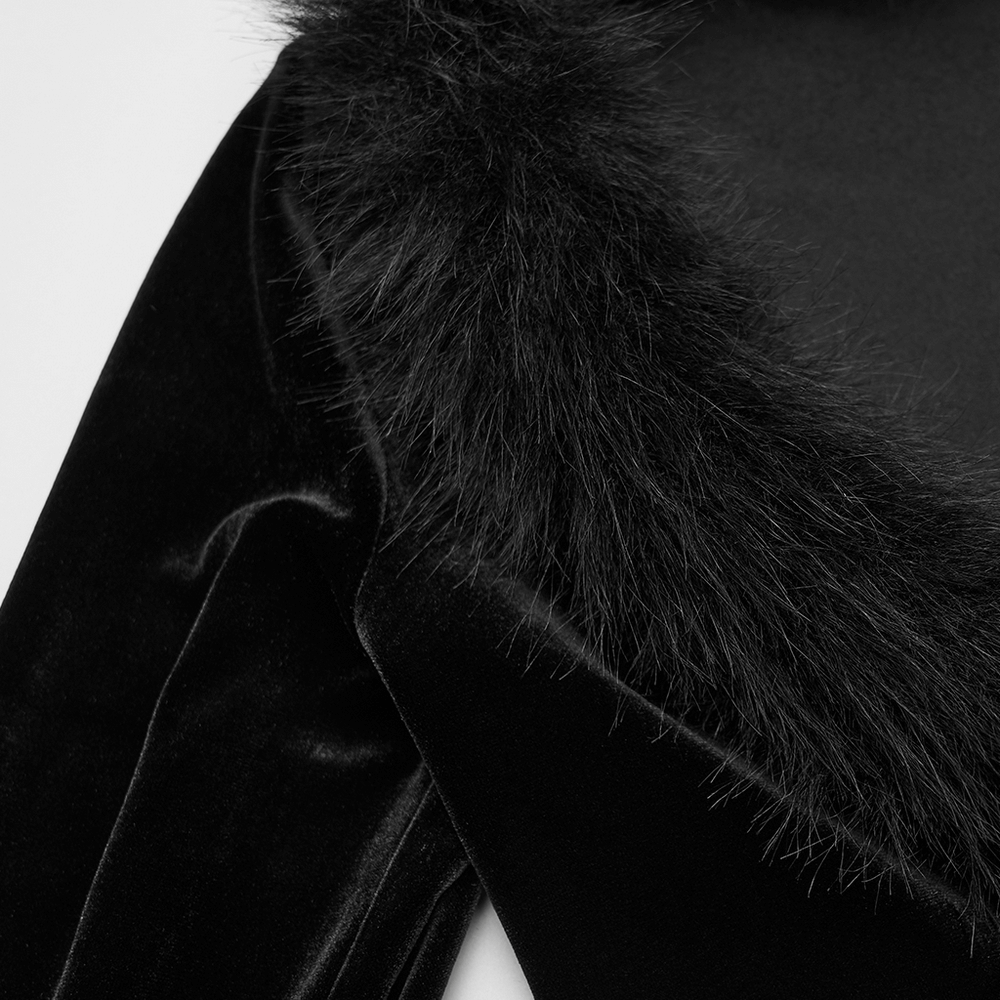 Elegant Velvet Lace-Up Cardigan with Faux Fur Trim close-up of the luxurious fur collar.