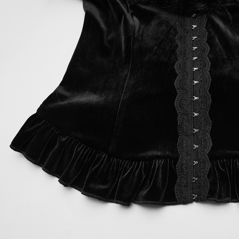 Elegant Velvet Lace-Up Cardigan with Faux Fur Trim showing ruffled hem and lace placket detail.