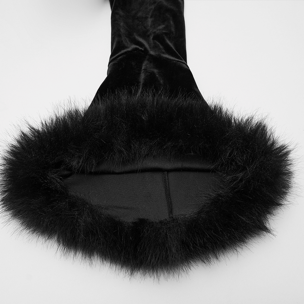 Elegant Velvet Lace-Up Cardigan with Faux Fur Trim close-up of the luxurious fur trim on the black sleeves.