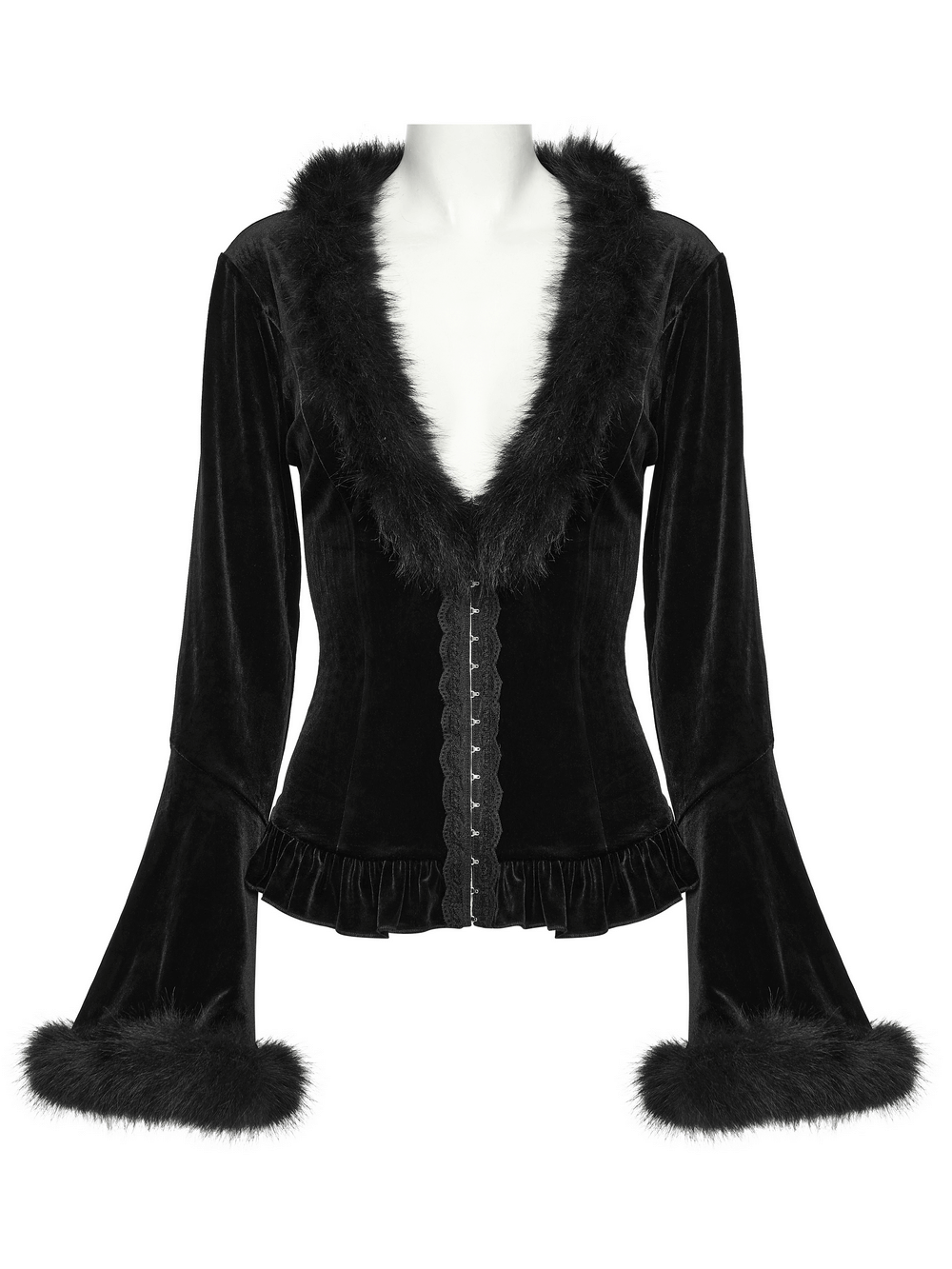 Elegant Velvet Lace-Up Cardigan with Faux Fur Trim featuring flared sleeves and ruffled hem.