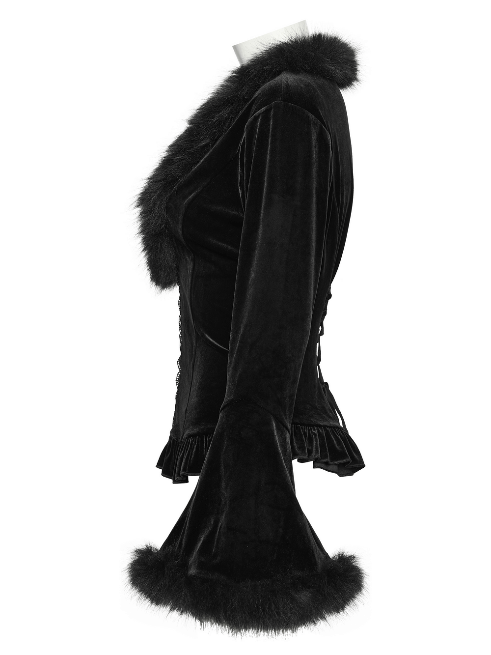 Elegant Velvet Lace-Up Cardigan with Faux Fur Trim side view showcasing flared sleeves and soft velvet fabric.