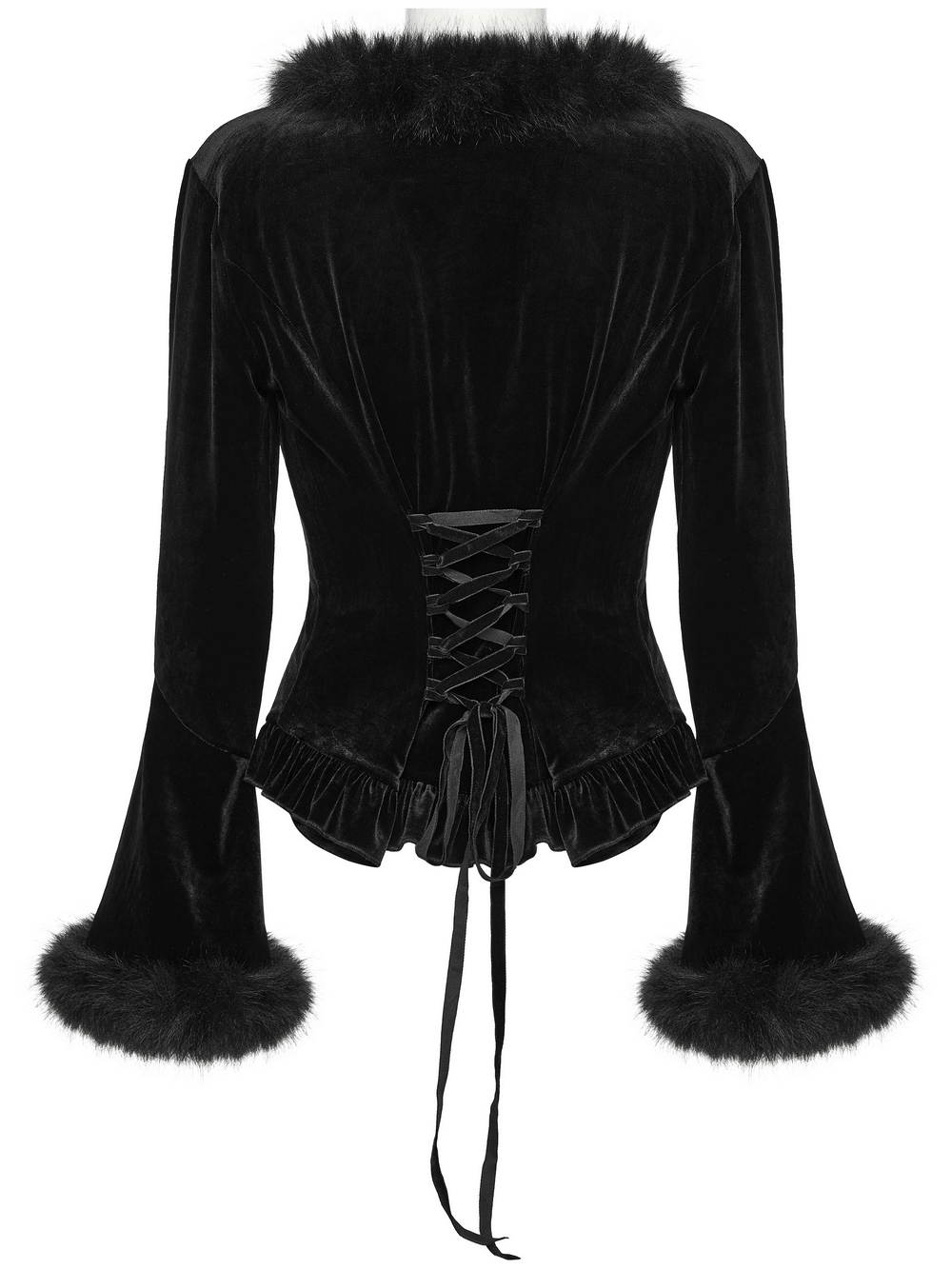Elegant Velvet Lace-Up Cardigan with Faux Fur Trim showcasing flared sleeves and lace-up back detail.