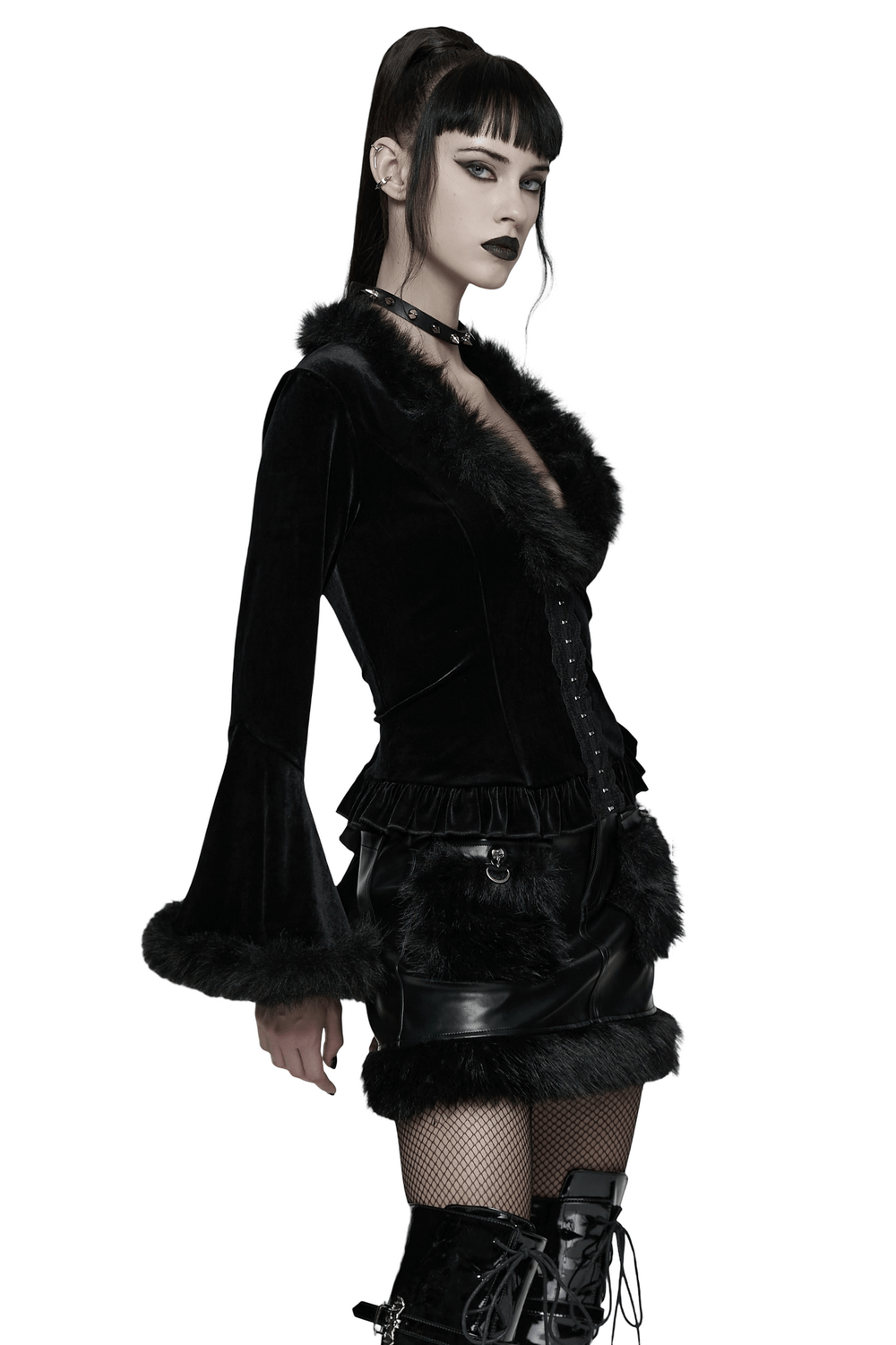 Elegant Velvet Lace-Up Cardigan with Faux Fur Trim featuring flared sleeves and a lace-up back detail.