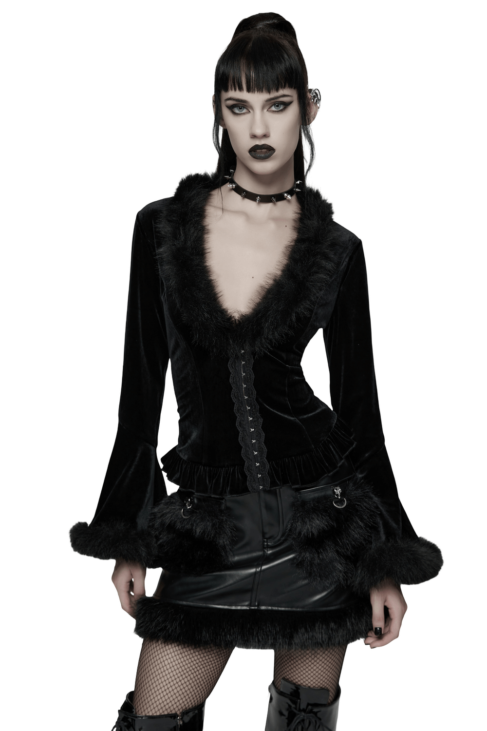 Elegant Velvet Lace-Up Cardigan with Faux Fur Trim worn by a model with gothic makeup and flared sleeves.