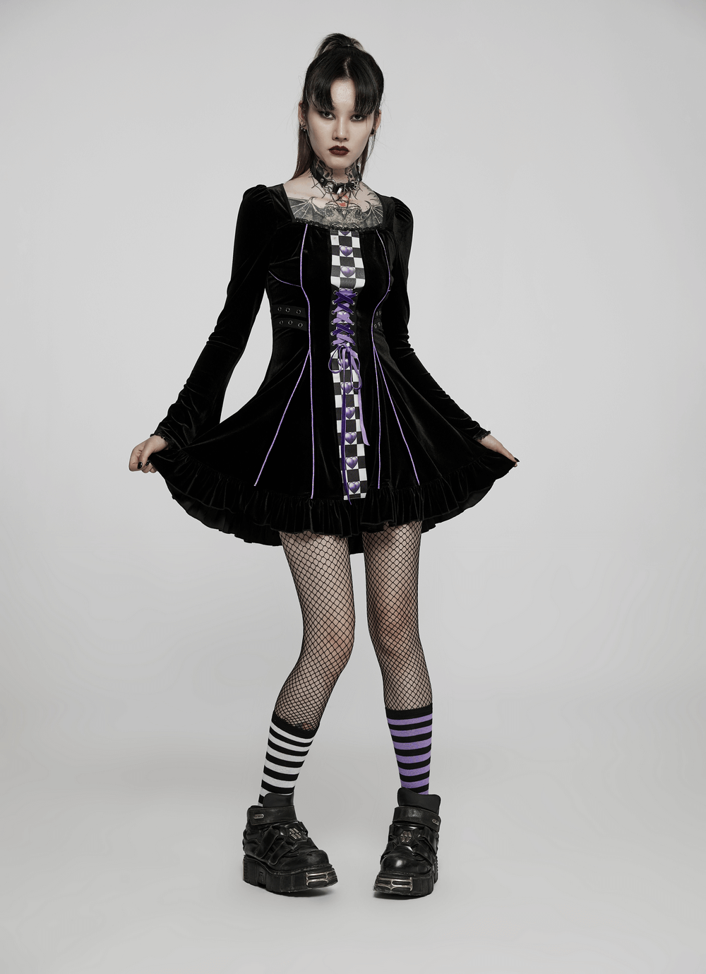 Elegant Velvet Lace-Up Gothic Mini Dress for Women