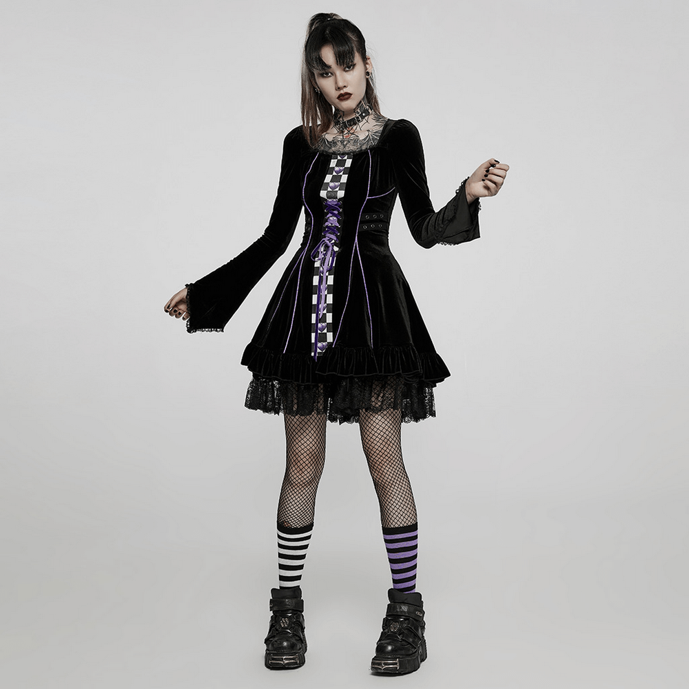 Elegant Velvet Lace-Up Gothic Mini Dress for Women